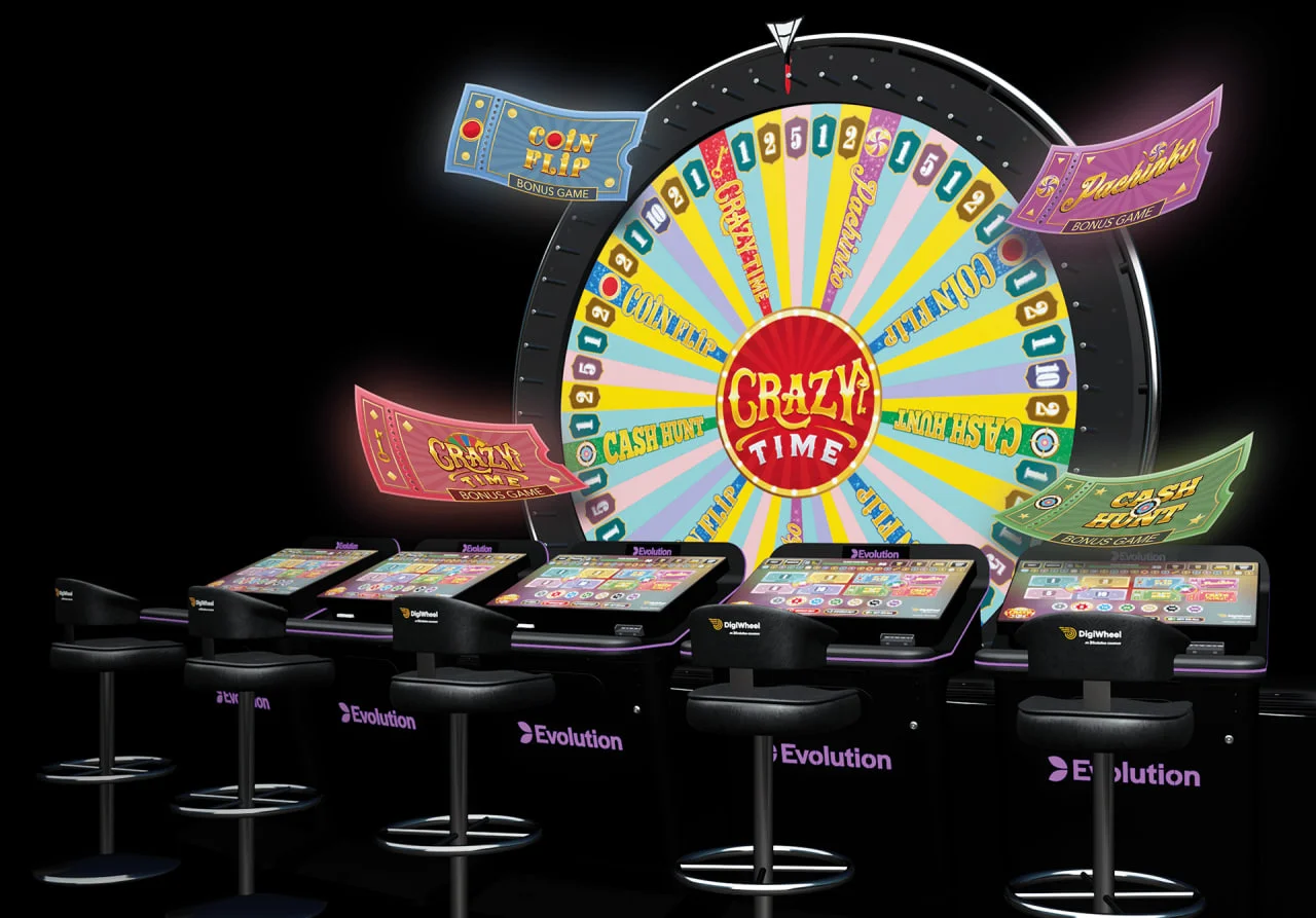 Estaciones de juego interactivas frente a la rueda Crazy Time, mostrando opciones como Coin Flip y Pachinko