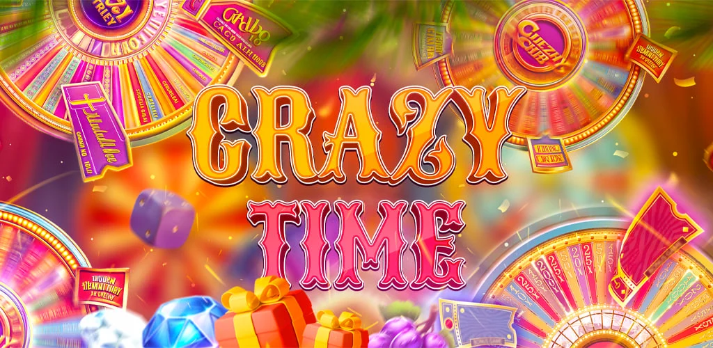 Imagem promocional vibrante do jogo Crazy Time com o logotipo centralizado em letras douradas e vermelhas, várias rodas de bônus coloridas ao fundo e elementos festivos como presentes, dados e pedras preciosas ao redor