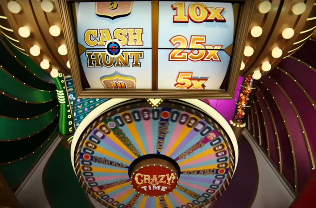 Roda do jogo Crazy Time da Evolution Gaming no momento em que o segmento “Cash Hunt” com multiplicador 25x é selecionado no Top Slot. A roda está prestes a parar, com destaque para os setores coloridos e a marca “Crazy Time” no centro.