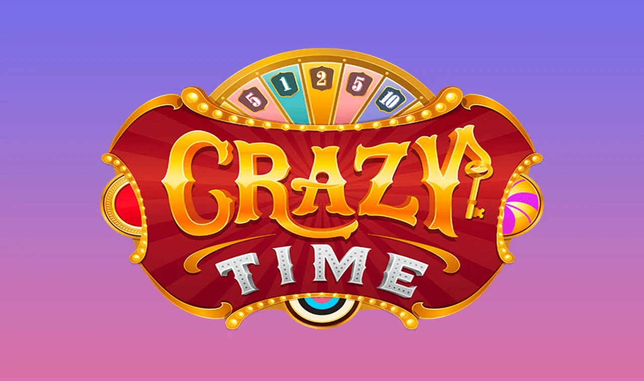 Logo colorido do Crazy Time com fundo degradê roxo e rosa